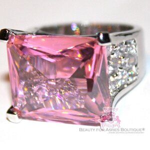 Modern Rectangle Pink Tourmaline Ice Cz Chunky Cubic Zirconia Glam Cocktail Ring